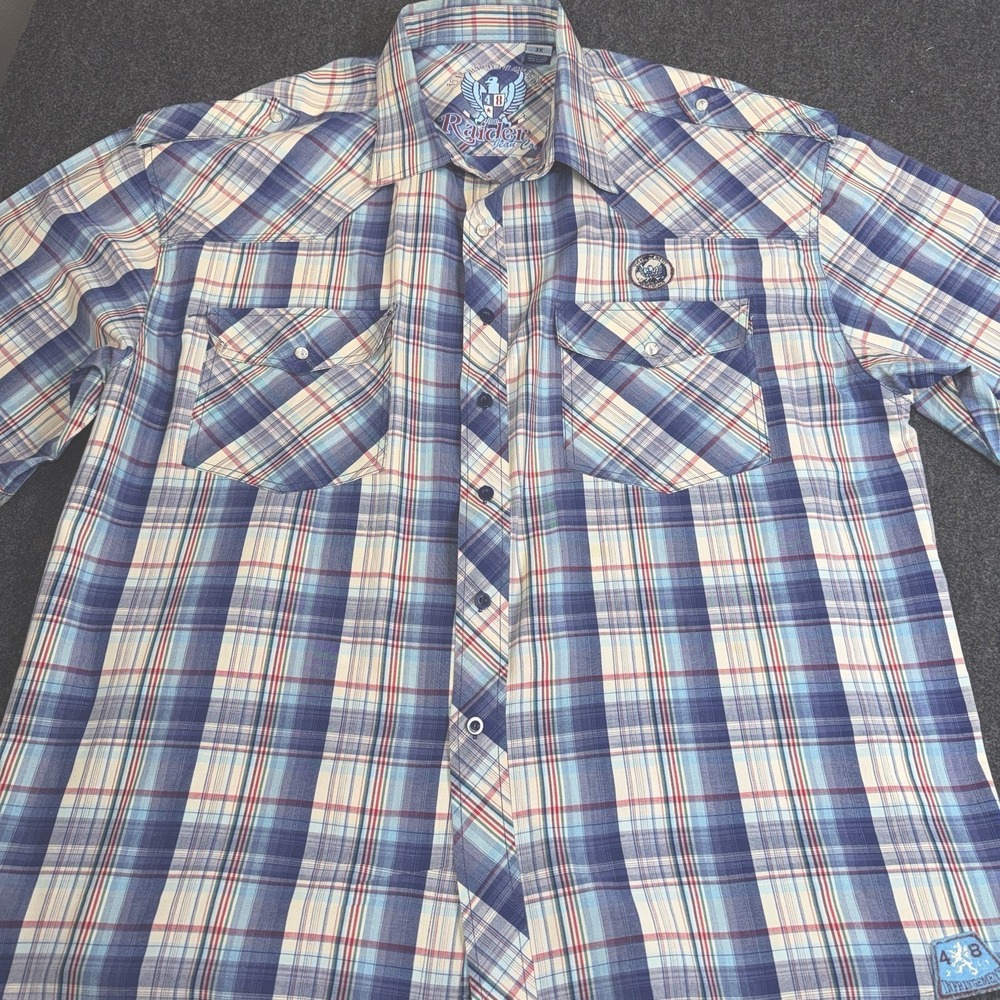 Raider Jean Co Mens 3X Plaid Pearl Snap Western Shirt Blue Short Sleeve